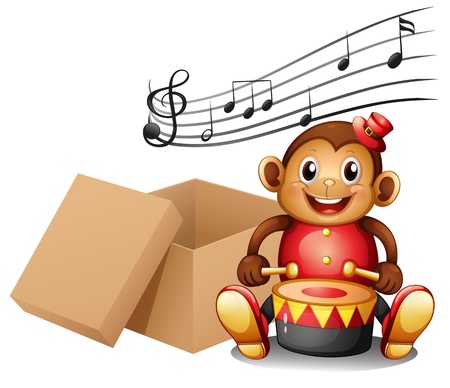 Illustration of a monkey playing with musical notes and an empty box on a white backgroundのイラスト素材