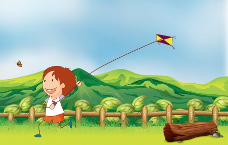 Illustration of a boy flying his kite at the bridgeのイラスト素材