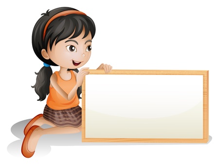 Illustration of a little girl holding a blank signboard on a white backgroundのイラスト素材
