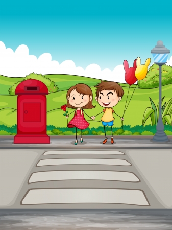 Illustration of a girl and a boy crossing the streetのイラスト素材