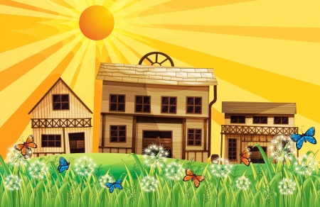 Illustration of the wooden houses and the sunsetのイラスト素材