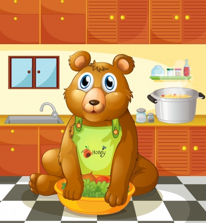 Illustration of a bear holding a bowl of vegetables inside the kitchenのイラスト素材