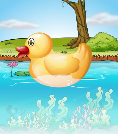 Illustration of the yellow toy duck in the pondのイラスト素材