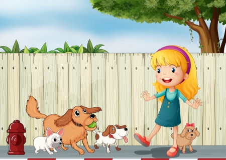 Illustration of a girl playing with her dogsのイラスト素材