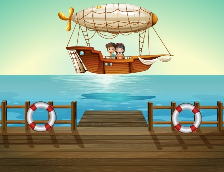 Illustration of a girl and a boy inside the aircraft near the seaportのイラスト素材