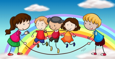 Illustration of the five kids playing in front of a rainbowのイラスト素材