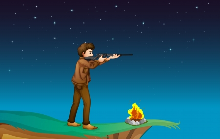 Illustration of a boy with a gun at the cliff with a campfireのイラスト素材