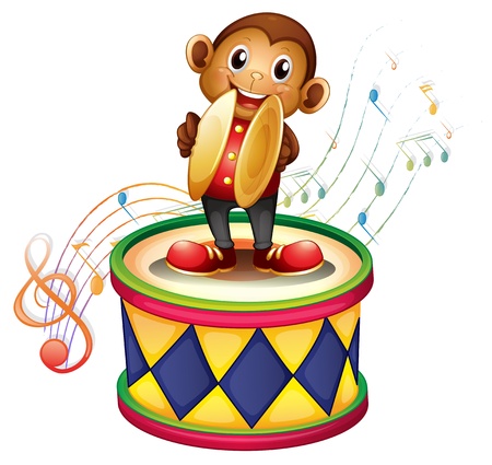Illustration of a monkey above a drum with cymbals on a white backgroundのイラスト素材