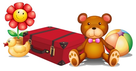 Illustration of a red bag surrounded with toys on a white backgroundのイラスト素材