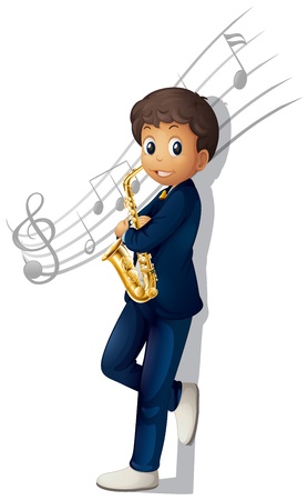 Illustration of a musician holding a saxophone with musical notes on a white backgroundのイラスト素材