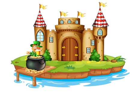 Illustration of a castle with an old man inside a pot of coins on a white backgroundのイラスト素材