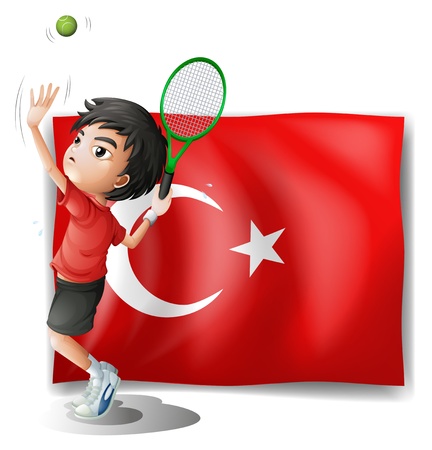 Illustration of a tennis player in front of the flag of Turkey on a white backgroundのイラスト素材