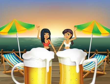Illustration of the ladies at the wooden bridge and the pitchers of beerのイラスト素材