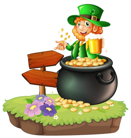 Illustration of an old man holding a mug of beer beside an arrowboard on a white backgroundのイラスト素材