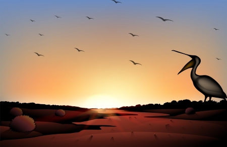 Illustration of a sunset at the desert with a flock of birdsのイラスト素材
