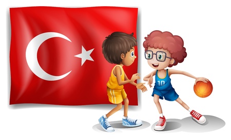 Illustration of the two boys playing basketball in front of the flag of Turkey on a white backgroundのイラスト素材