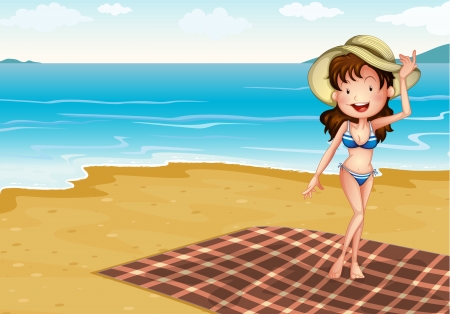 Illustration of a girl in the beach with a blanketのイラスト素材