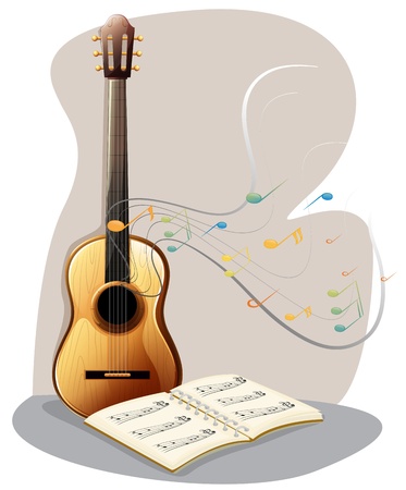 Ilustration of a guitar with a musical book on a white backgroundのイラスト素材