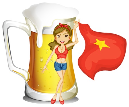 Illustration of a girl holding the flag of Vietnam in front of a big mug of beer on a white backgroundのイラスト素材