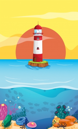 Illustration of a lighthouse in the middle of the seaのイラスト素材