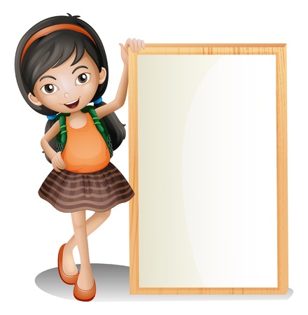 Illustration of a young lady beside an empty signboard on a white backgroundのイラスト素材
