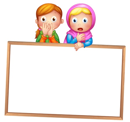 Illustration of an empty framed white board with two girls on a white backgroundのイラスト素材