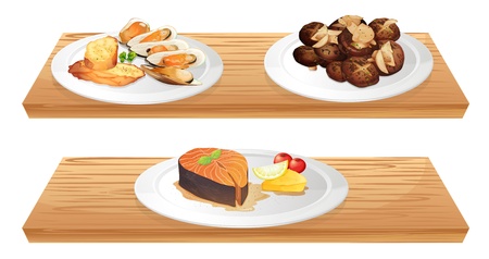 Illustration of the two wooden shelves with foods on a white background のイラスト素材