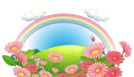 Illustration of a rainbow and a garden of flowers at the hills on a white backgroundのイラスト素材