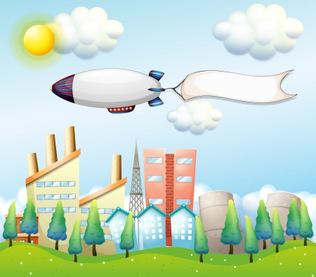 Illustration of an airship with an empty banner above the high buildingsのイラスト素材