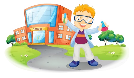Illustration of a scientist in front of a school building on a white backgroundのイラスト素材