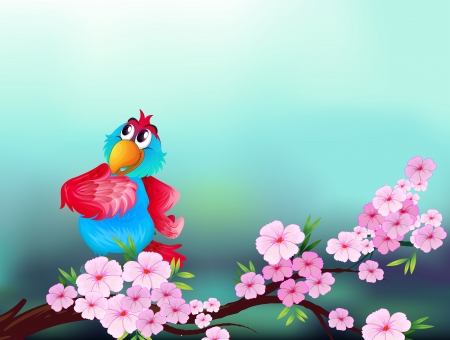 Illustration of a parrot at the branch of a tree with pink flowersのイラスト素材