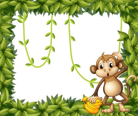 Illustration of a frame of leaves with a monkey and bananasのイラスト素材