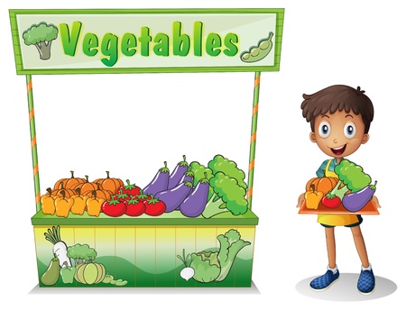 Illustration of a boy selling vegetables on a white backgroundのイラスト素材