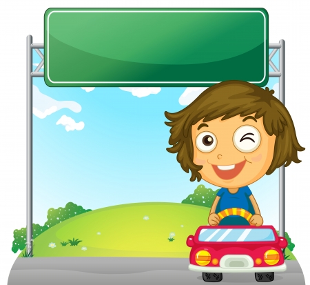 Illustration of a playful little girl near an empty signage on a white backgroundのイラスト素材