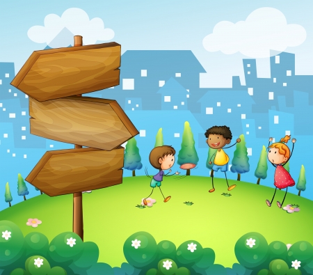 Illustration of the three kids playing in the hill with wooden arrowboardのイラスト素材