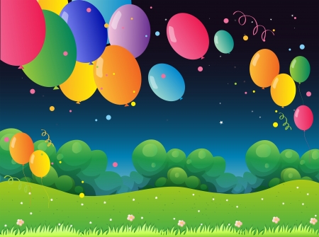 Illustration of the colorful flying balloons at the hillのイラスト素材