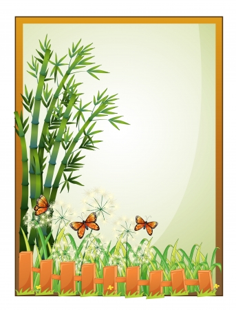 Illustration of a frame with bamboo plants and butterflies on a white backgroundのイラスト素材