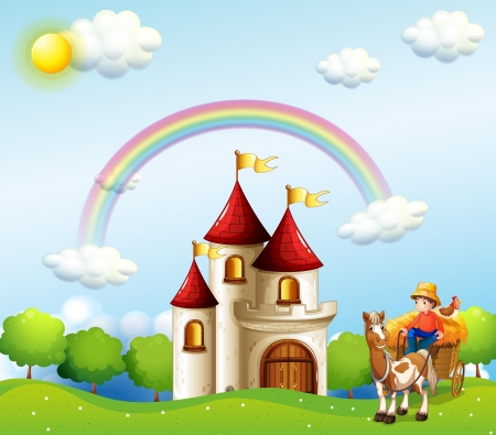 Illustration of a farm boy above the hills near a castleのイラスト素材