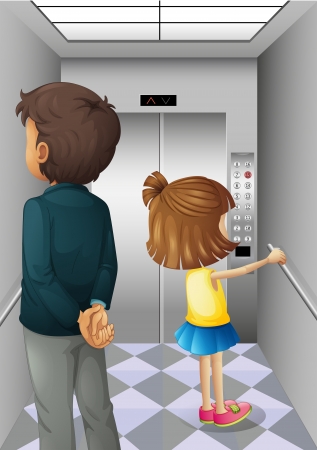 Illustration of an elevator with a man and a young girlのイラスト素材