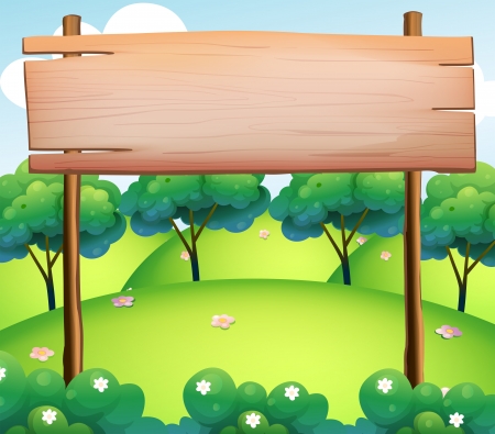 Illustration of an empty wooden board at the top of the hillsのイラスト素材