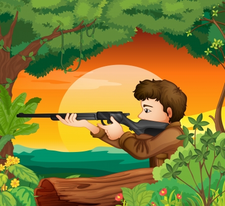 Illustration of a man with a gun at the woodsのイラスト素材
