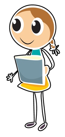 Illustration of a sketch of a young girl holding an object on a white backgroundのイラスト素材