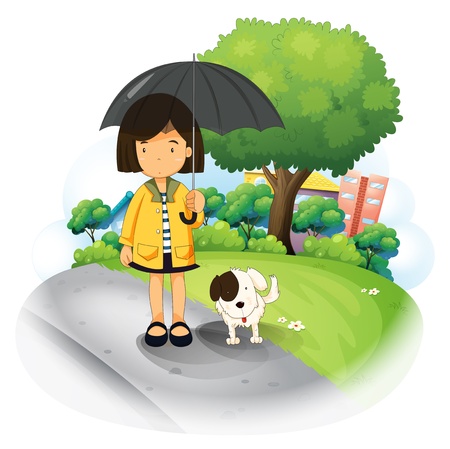 Illustration of a girl with an umbrella and a puppy at the road on a white backgroundのイラスト素材