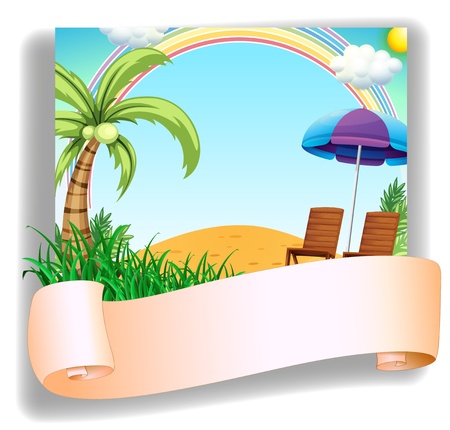 Illustration of a beach chair and an umbrella with a signage on a white backgroundのイラスト素材