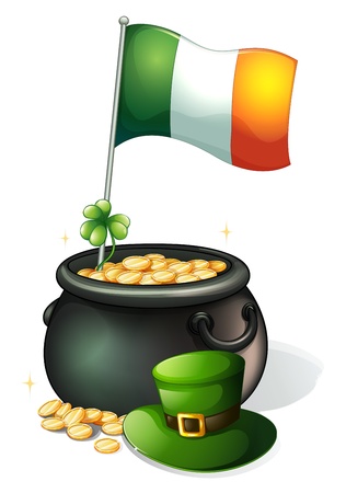 Illustration of a  flag, a clover plant, a pot of gold and a green hat on a white backgroundのイラスト素材