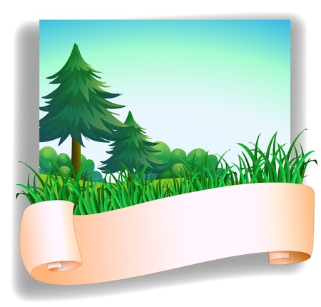 Illustration of an empty signage in front of the pine trees on a white backgroundのイラスト素材