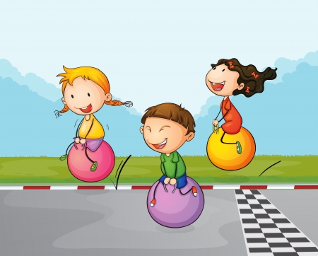 Illustration of the three kids at the street with their bouncing ballsのイラスト素材