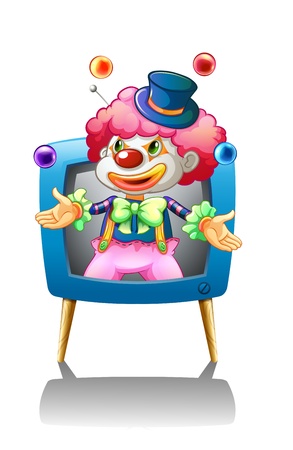 Illustration of a clown inside the blue television on a white background のイラスト素材