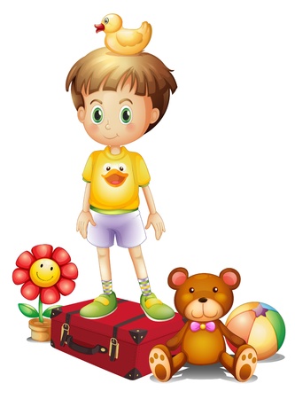 Illustration of a boy above the red box with his different toys on a white backgroundのイラスト素材