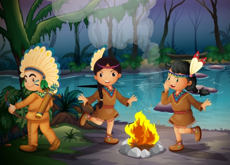 Ilustration of the three Indian kids inside the forestのイラスト素材